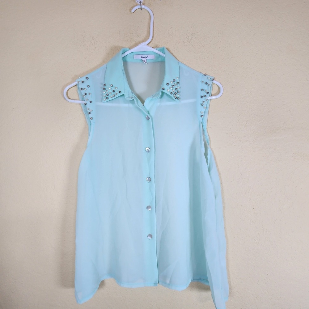 Papaya Sheer Beaded Collar Sleeveless Button Up Shirt Top Womens Medium‎ Aqua